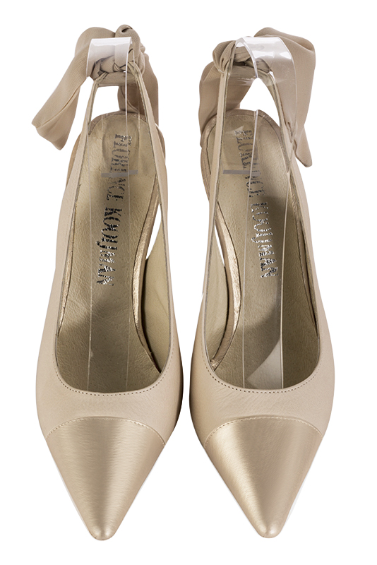 Gold and champagne white women's slingback shoes. Pointed toe. High slim heel. Top view - Florence KOOIJMAN